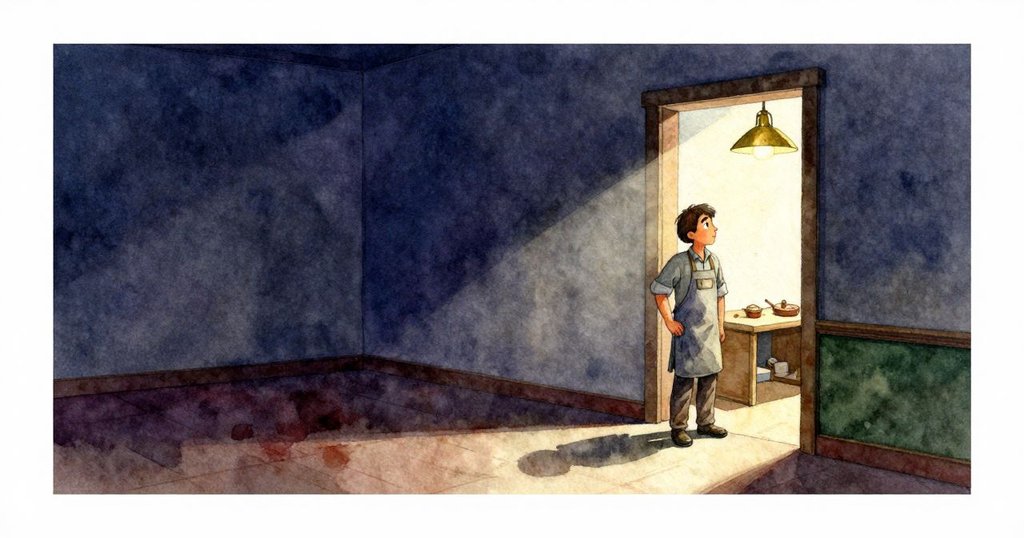 雷斯從門口凝望工作台，燈光映照空凳與工具，神情專注，故事開端隱含靜謐氛圍。