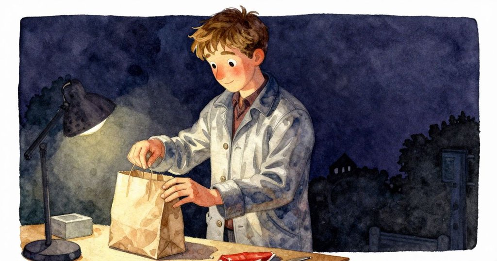 澤克輕放紙袋於工作台上，燈光映出油跡細節，神情平和，故事進入發展階段。