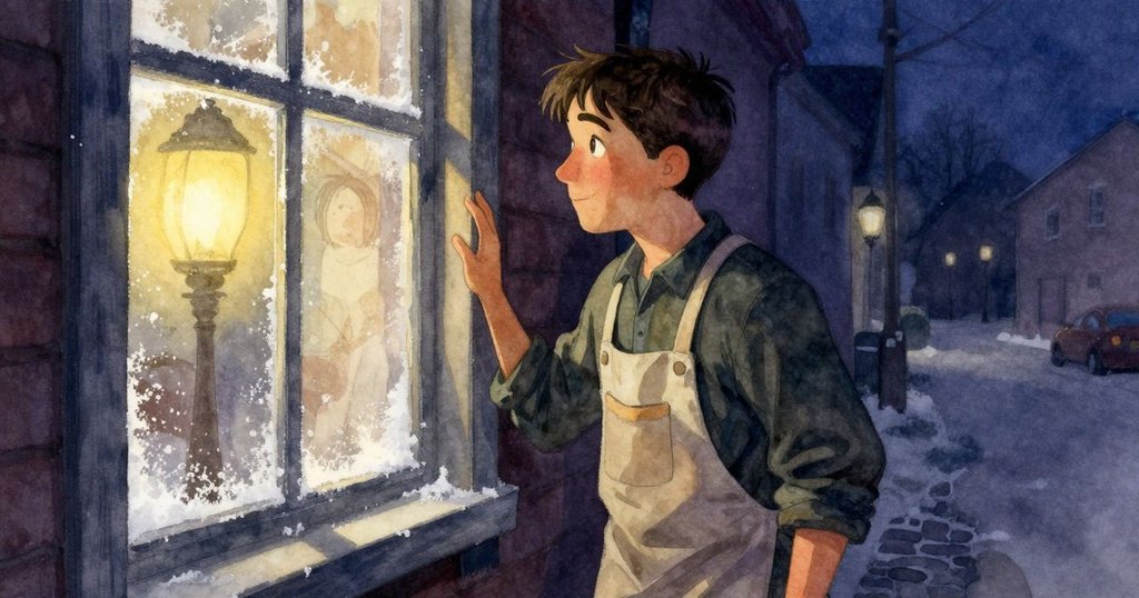 雷斯站在結霜窗邊，望向冷冽街景，室內燈光溫暖，外界清冷，情緒融合季節氣息。