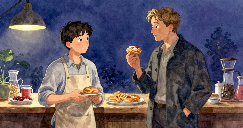 雷斯與澤克在溫暖工作間共享甜點，桌旁閃爍著微光銅屑，神情透露希望，故事迎向溫柔結局。