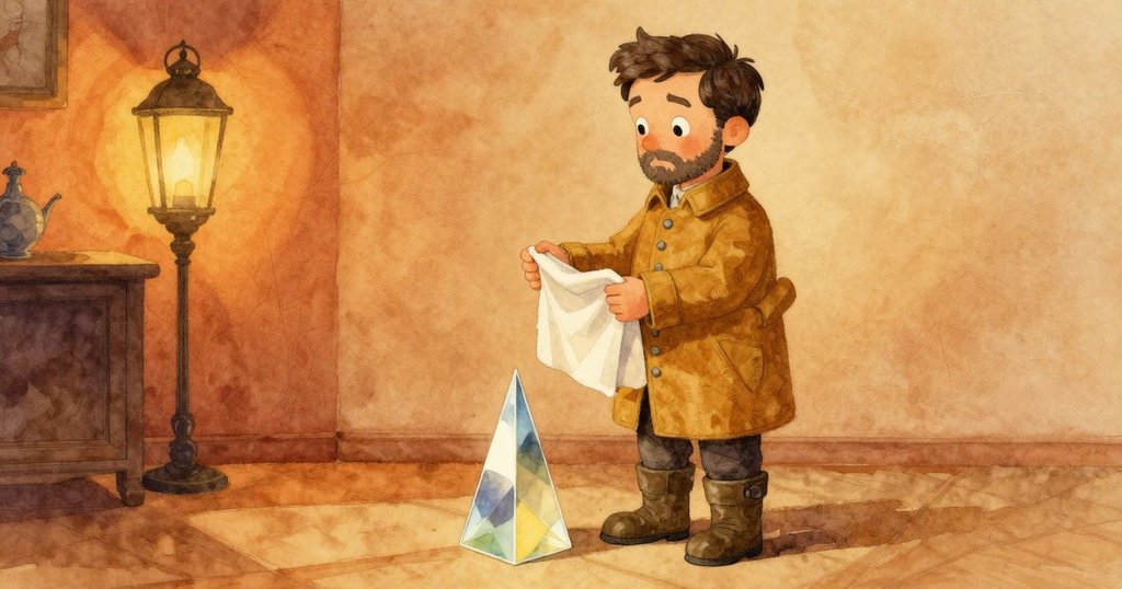 Floyd在燈籠房內專注擦拭布料，房間充滿溫暖柔和光線，神情平靜，氛圍寧靜舒緩。