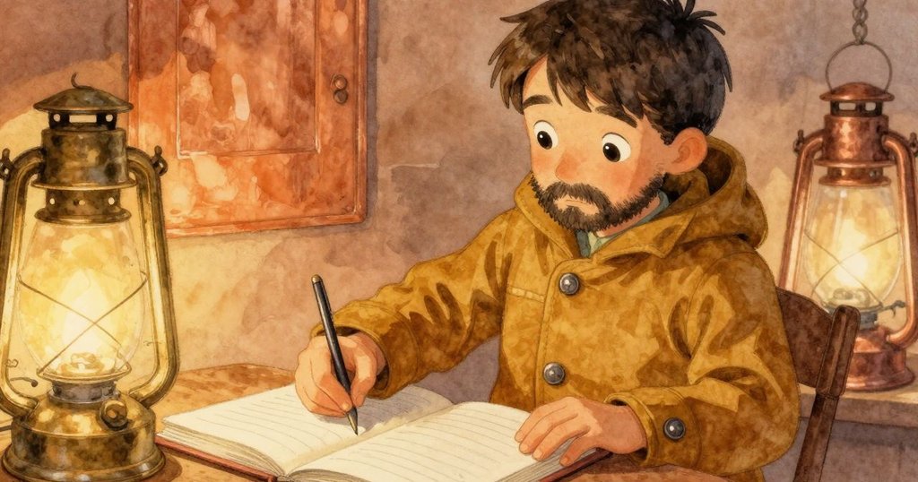 Floyd的手輕輕調整銅製紙鎮與筆記本，紙鎮呈現海象形狀，金色光線映照下細節豐滿。