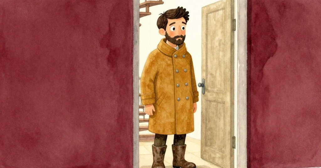 Floyd站在半開門旁沉思，透過門縫望向螺旋樓梯，溫柔背光中流露出些微好奇與思索。