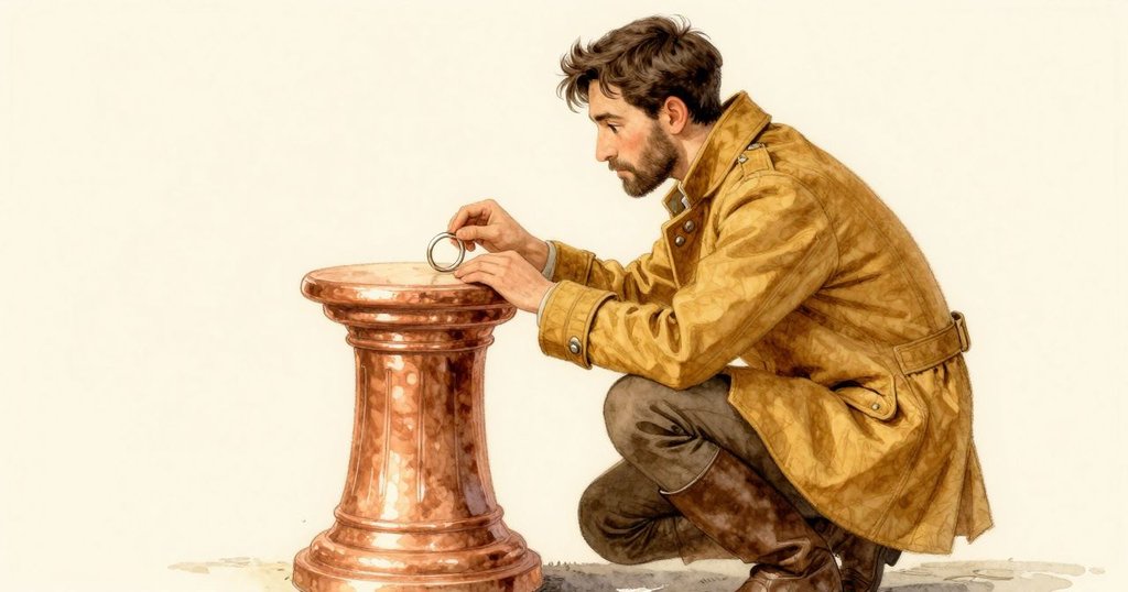 Floyd蹲在底座旁，專注觸摸淡環，暖色懷舊光影中浮現似往昔的記憶與秘密。