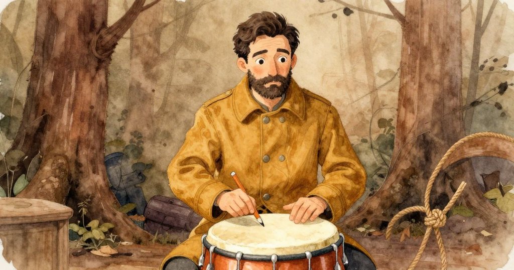 Floyd在捲筒旁停頓咬著鉛筆，凝視提升位置的繩結，臉上流露出驚訝與沉思，燈光營造溫暖感。