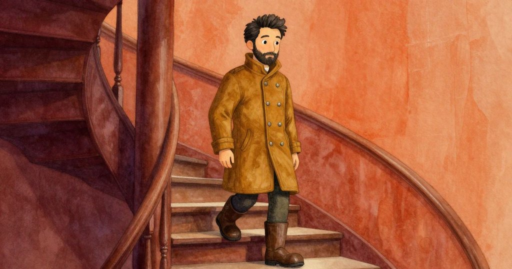 Floyd背對觀眾堅定走下螺旋樓梯，帶著閉合筆記本與紙鎮，步入充滿希望的新篇章，燈光柔和。