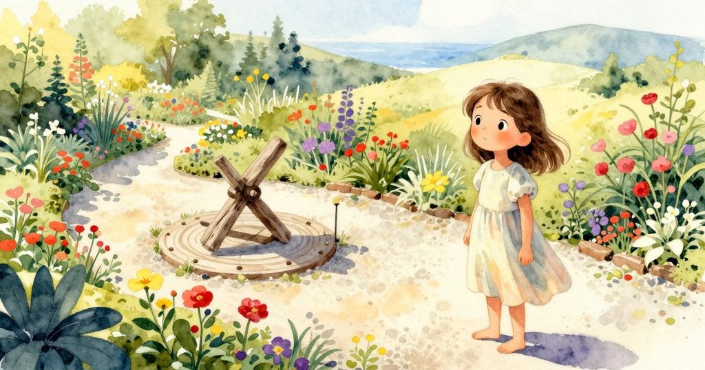 哈麗特在花園鵝卵石小徑上漫步，從高空俯瞰見石日晷、漂流木與遠山，神情專注滿懷期待