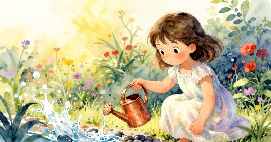 哈麗特在遠處觀察銅製澆水壺，水滴正落下擊打鵝卵石，花園角落燦爛光線灑落