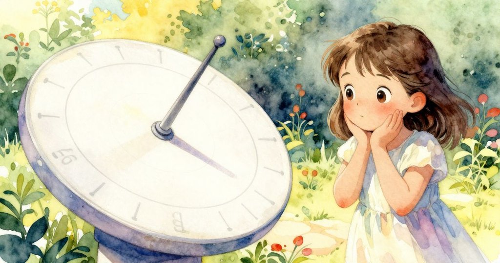 哈麗特在花園中停下腳步，畫面分割呈現現實與理想日晷影像，柔和光線與漂浮雲朵相輝映