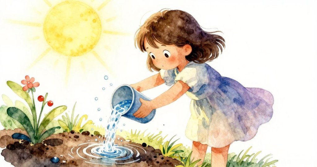 哈麗特在南邊花床灌溉花草，動作流暢灑落的水滴在葉片與土壤上形成美麗圈紋，滿懷溫柔