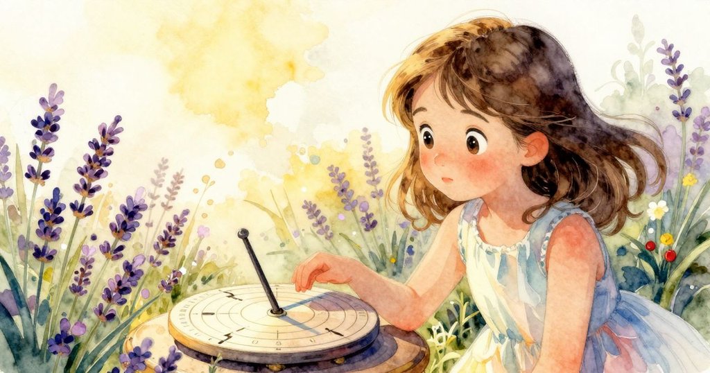 哈麗特靜靜按在石日晷上，薰衣草在微風中搖曳，蜜蜂低鳴，呈現出柔和寧靜的收尾場景