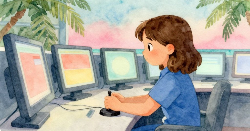 Iris在昏暗控制室中操作操縱杆,螢幕隱現水下景象,表情專注且充滿決心,畫面部分展示科技氣息。