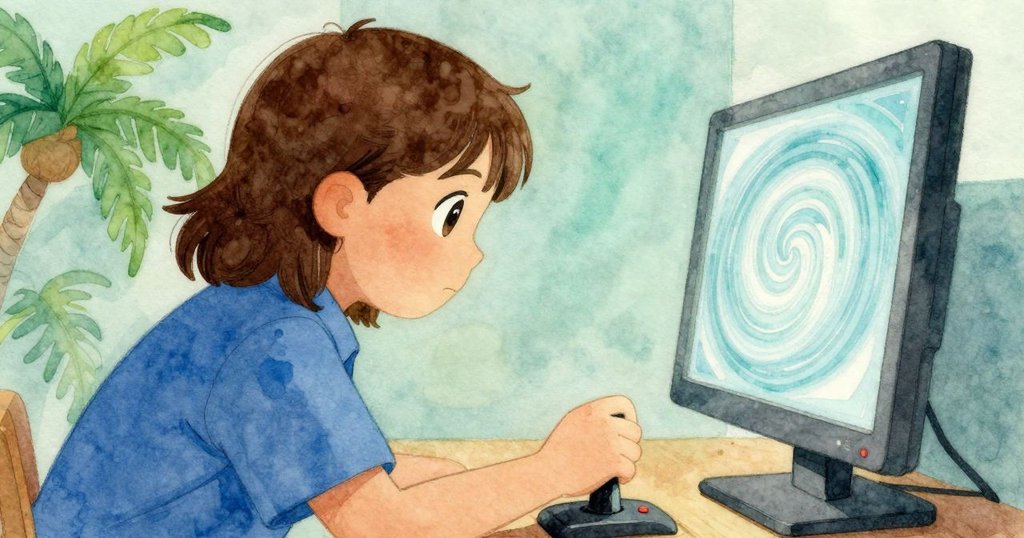 Iris的手握著操縱杆,螢幕上顯現旋轉泥沙細節,精緻質感與專注神情突出,展示科技與動態紋理。