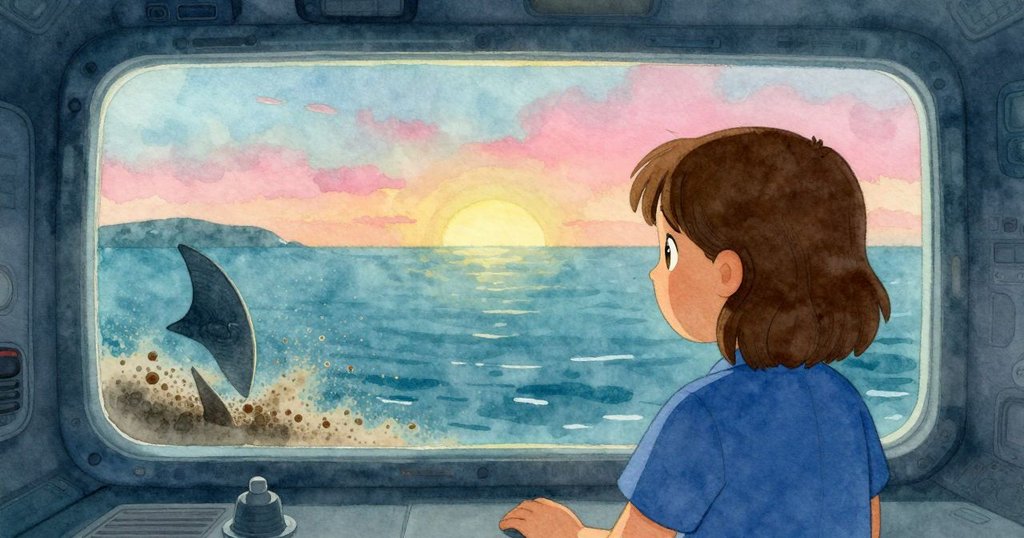 Iris透過視角觀看螢幕,細長魚鰭傾斜散開泥沙,室內燈光與數位光影交錯,情感充滿期待與緊張。