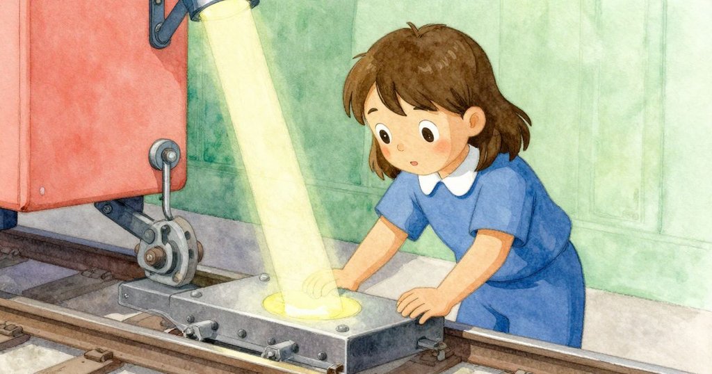 在昏暗室內中,機械板沿著軌道平滑滑動並咔嗒入位,單束光線突顯細節,營造過渡時刻之神秘感。