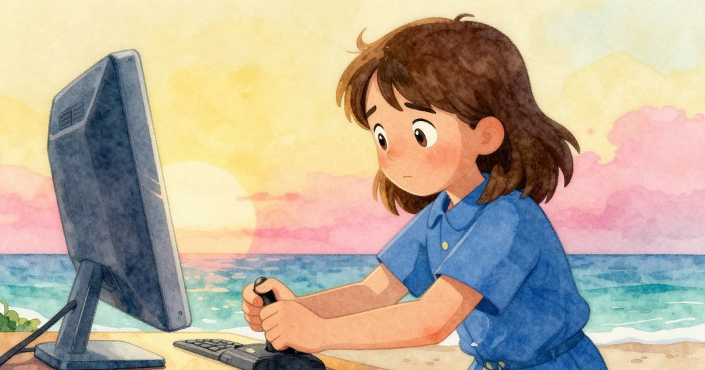 Iris凝視著螢幕,瞬間機械光芒形成金屬框架,她輕微調整操縱杆,表情中透出猶豫與勝利的光芒。