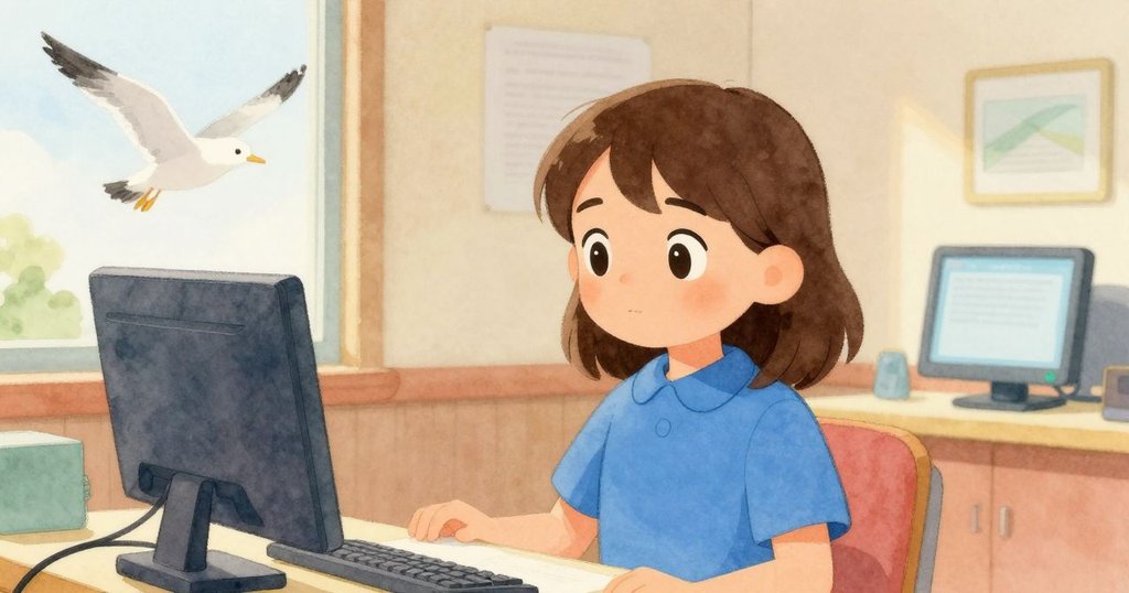 Iris在穩定的控制室中滿意地站立,室內光線柔和,窗外海鷗翱翔,表情顯示出成功與平靜的情緒,畫面圓滿收束。