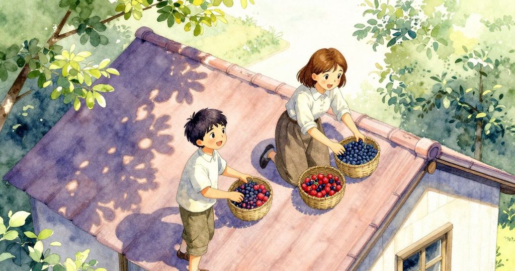 保羅與迪娜在鄉村小屋屋頂互動,保羅注視迪娜擺放莓果籃,陽光灑落,故事開端展開