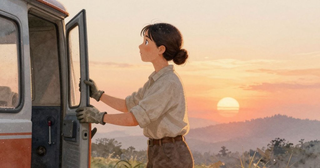 海達在晨光中推開無人電台小屋的門，神情期待，環境充滿早晨柔和的光線，展現冒險開始