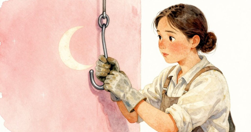 海達發現工作台上空掛的空鉤和牆上的半月印，物品細節清晰，環境充滿溫暖早晨光線