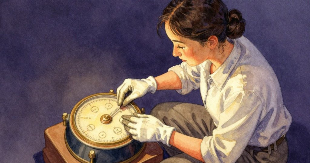 從高處俯視海達坐在凳子上調整面板，動作專注，環境充滿柔和的晨光與細膩儀器細節