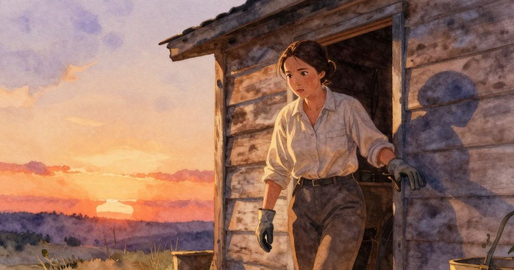 海達關上記錄本，離開寧靜電台小屋，外面金色晨光映襯，展現結束與新開始的溫暖氛圍