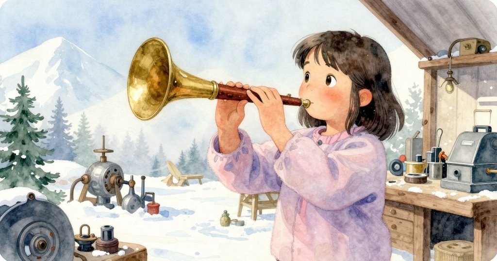 烏拉在狹小機械房中傾聽芦管聲音, 神情專注, 背景顯示銅器與機械細節, 氣氛略帶神秘.