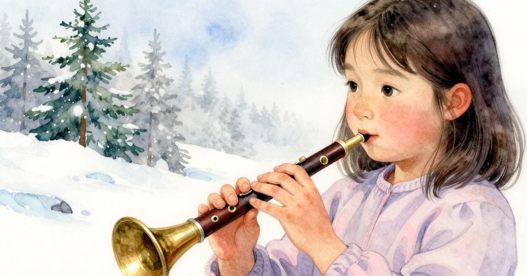 烏拉用手指輕觸銅芦管邊緣, 細膩呈現金屬質感, 神情專注探索, 細節豐富照明柔和.