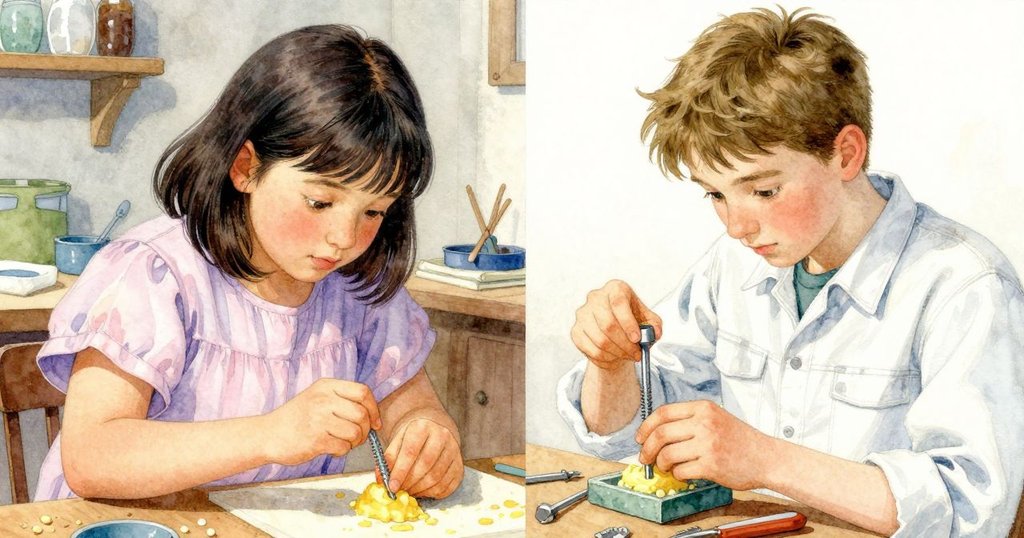 烏拉調整螺絲, 格雷塗抹蜂蠟, 兩人協作細緻操作, 機械背景分割呈現, 氣氛緊張與和諧.