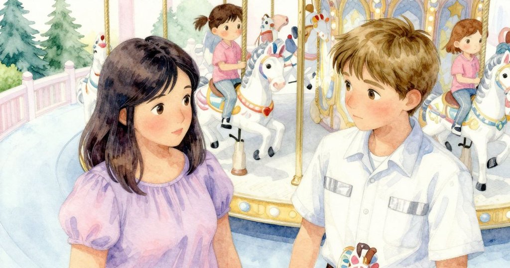 遠眺外景旋轉木馬, 小孩握住柱子, 旋轉緩慢溫柔, 氣氛愉悅與平和, 美好畫面.