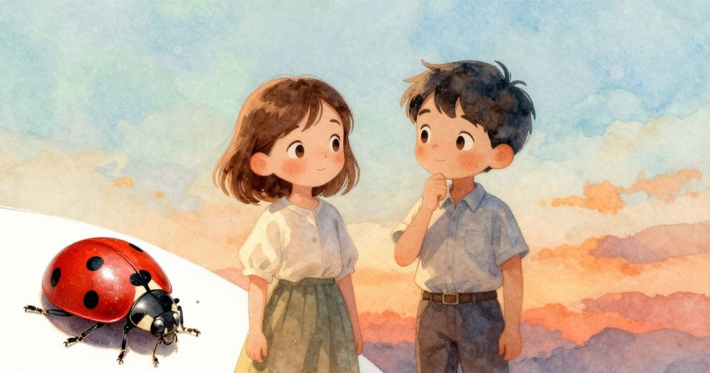 近距離細膩呈現瓢蟲停在紙上,太陽光灑落在紅色外殼與閃爍亮點,展現靜謐發現。