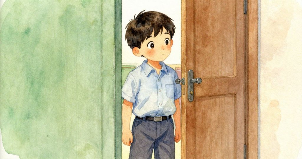 Theo從門縫中露出,輕柔光影襯托下觀察室內細節,流露出驚訝與沉思情緒。