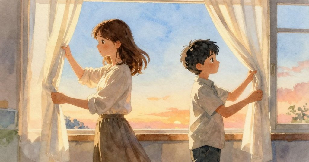 Zara與Theo調整光線,窗簾滑動讓陽光聚焦於紙上瓢蟲處,室內因光影變化充滿生機。