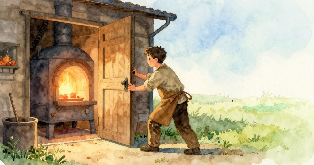 肯特打開倉門，動作急切，工廠內部充滿晨光與微妙不安，氛圍神秘。