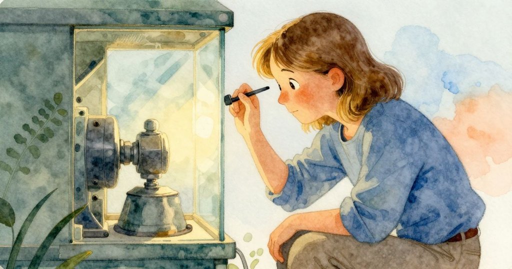 皮婭停下畫筆，凝視玻璃窗外的設備，神情凝重，畫面特寫展現細膩情緒。