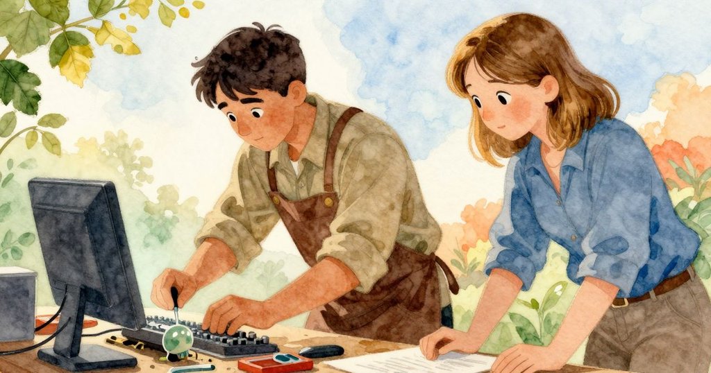 設備細部特寫，電子螢幕閃爍，膨脹的電容流出樹脂，背景中的工具台增添工藝感。