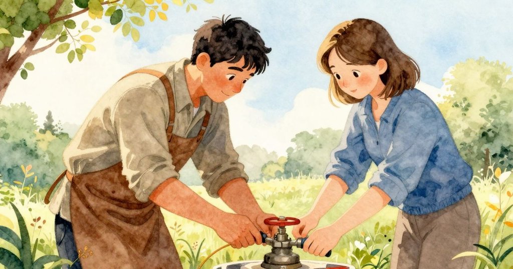 肯特調整閥門，皮婭注視旁邊，兩人流露出安心慶祝的神情，工作室內光線溫暖明亮。