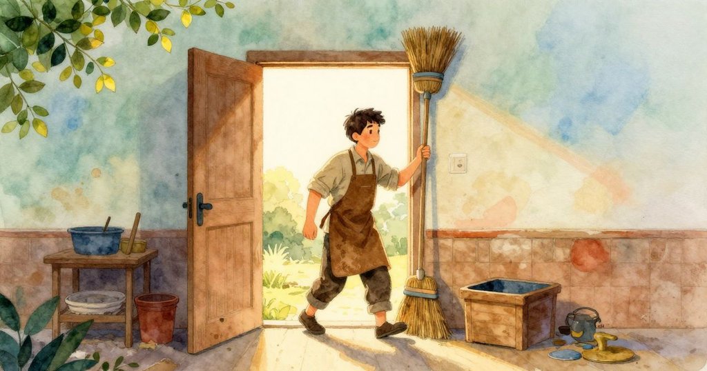 肯特放下掃帚，邁步走向開放的工作室門，背景透射晨光，展現迎接新挑戰的希望。