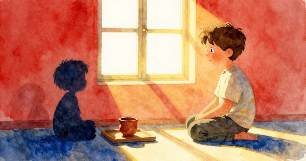 Glen在明亮窗前的剪影動作，站在室內木托盤旁，展現清晨平靜與期待