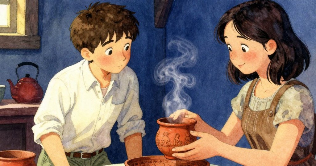 Glen的手細心旋轉黏濕陶杯，刻紋漸現第二人物，背景茶壺冒著熱氣，細節豐富