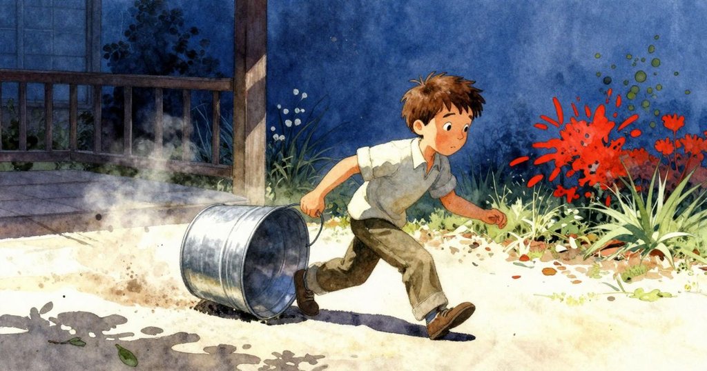 Glen在室外陽光露台上奔跑追趕滾動金屬桶，庭院微塵飛揚，場景充滿緊湊與生動