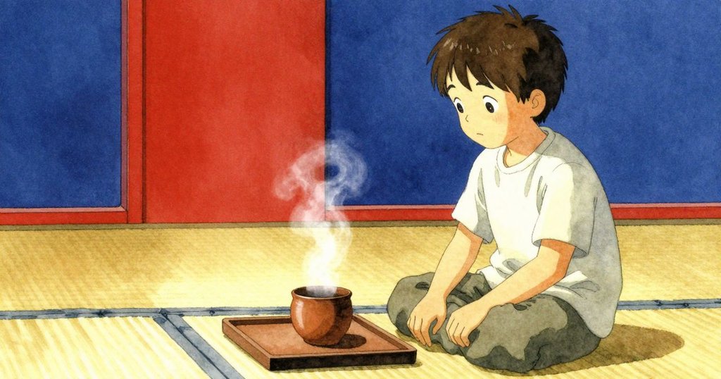 Glen安坐榻榻米前寧靜品茗，陶杯散發輕柔蒸氣，神情平和反映內心的安寧與滿足