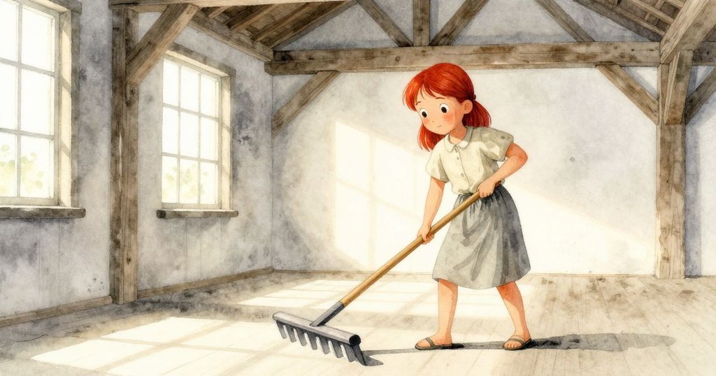 戴娜在舊磨房內拖動木耙，穀粒隨石輪落下，陽光柔和灑入，古舊氛圍濃厚