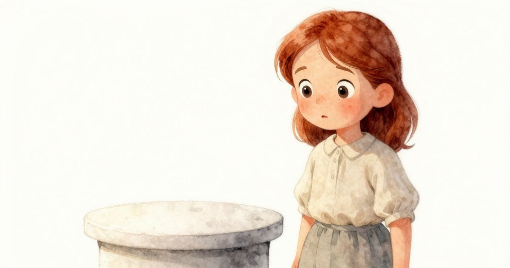 戴娜面部特寫驚訝盯著空卻的銅杯台，麵粉輕舞背景中流露出疑惑與關懷