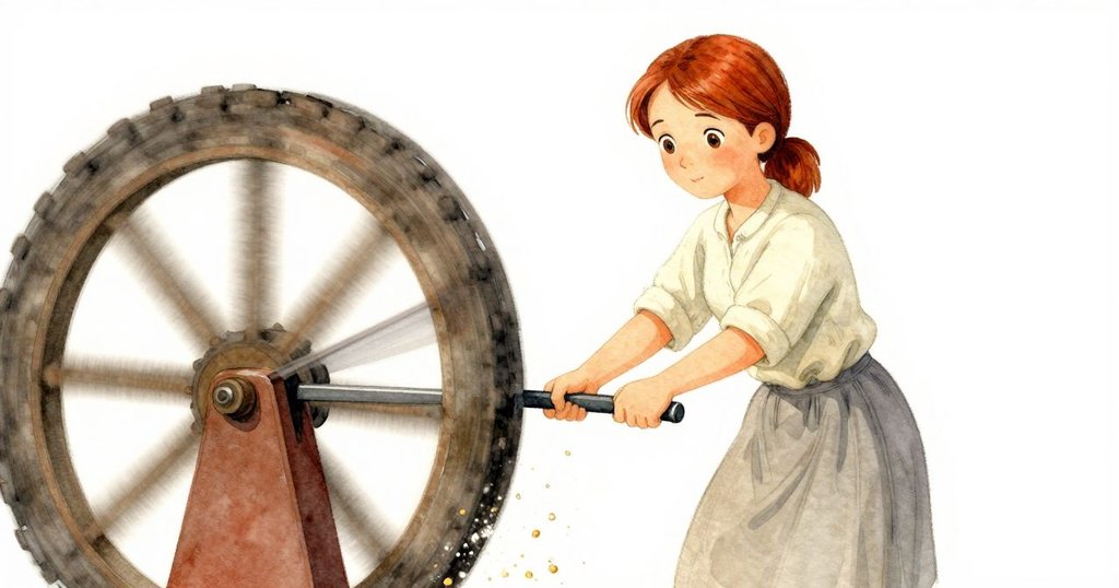 戴娜在動感中調整把手，磨輪急速轉動，麥粒發出嗞嗞聲，動態場景充滿決心與驚喜