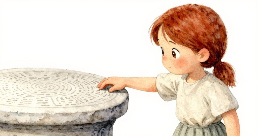 戴娜細緻觸摸台座上麥粒紋理，溫柔手法象徵承接歷史禮物，鏡頭拉近展現靜謐磨坊氛圍