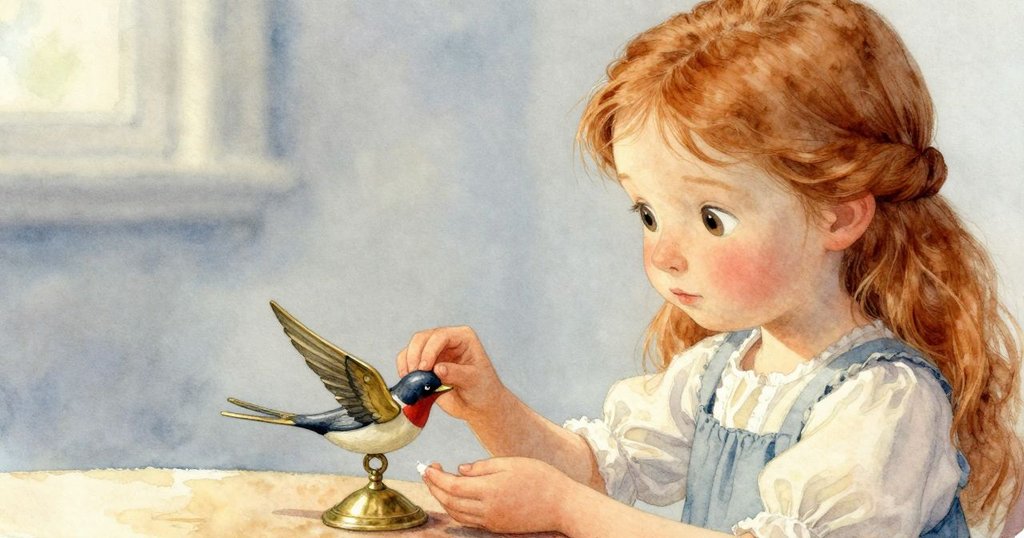 羅莎輕輕拂去黃銅燕子上的灰塵,特寫展示精緻浮雕與歷史感,光線柔和背景虛化