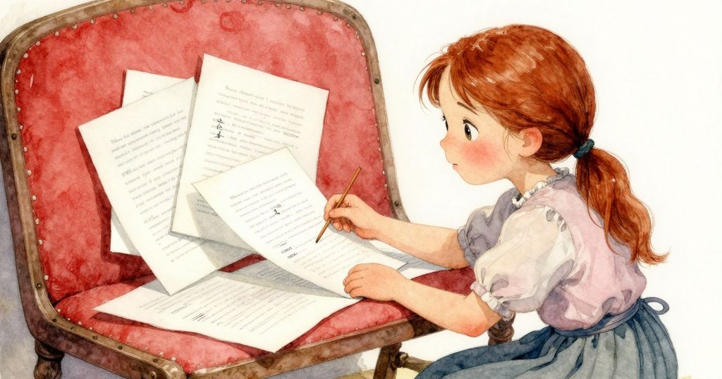 羅莎彎身觀察桌上散亂的印刷紙和未完成的組版棒,層次豐富,紙墨交織,光線溫暖柔和