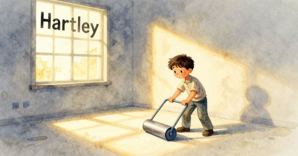 印刷房內光線逐漸轉換,哈特利專注操作捲筒,背後古董打字機和倒影字母隨光影變幻