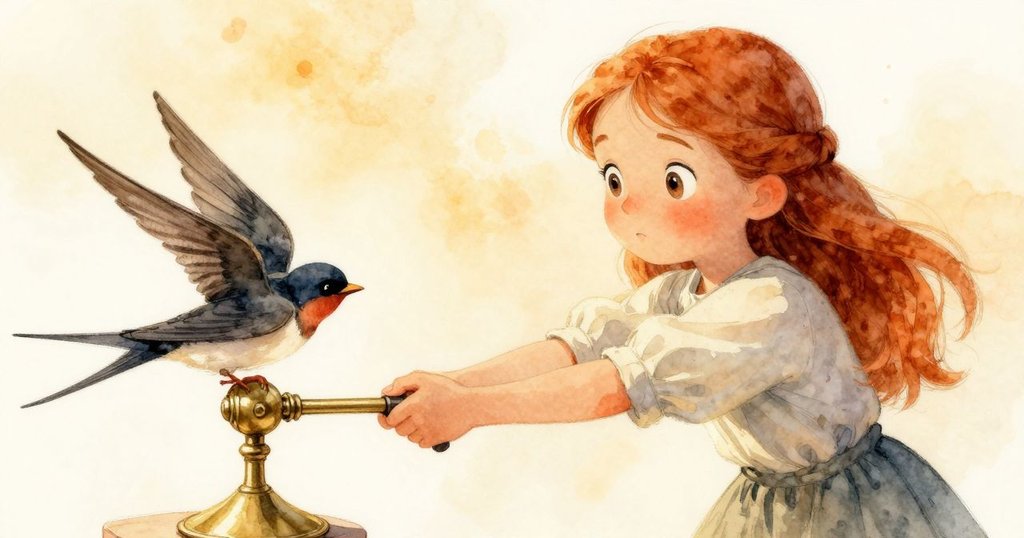 羅莎堅定地拉動印刷機槓桿,手邊靜臥著黃銅燕子,周圍光線變得明亮,象徵著過程圓滿結束